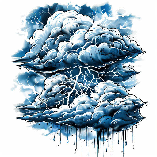 Dramatic lightning storm cloud tattoo on white background