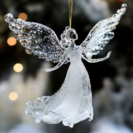 Hand-blown glass angel ornament, wings dusted with snow