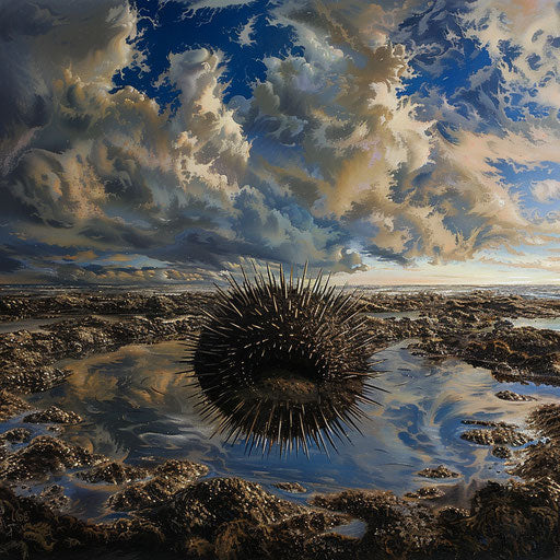 Sea urchin in tide pool reflecting sky above