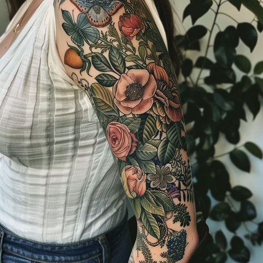 Botanical sleeve tattoos for women with flowers and butterflies