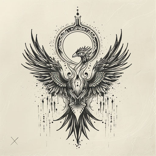 Flat tattoo sketch of a sigil for transformation, featuring a phoenix rising from ashes