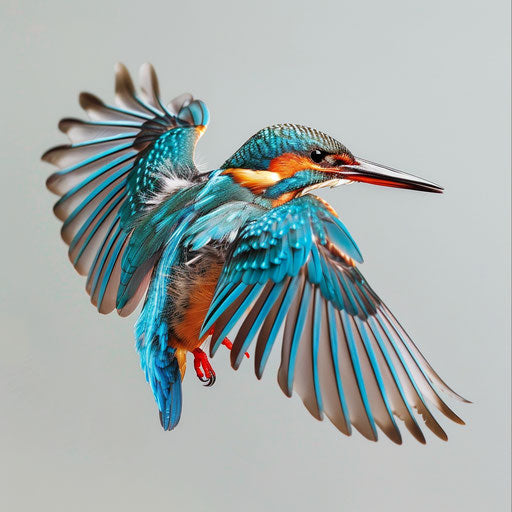 Kingfisher bird captured in mid-flight with spread wings