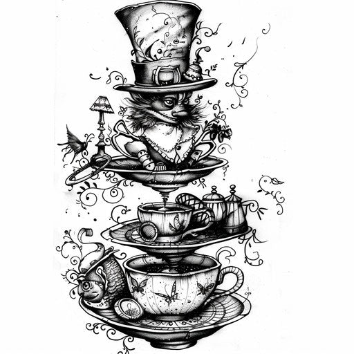 Detailed black and white ink sketch of the Mad Hatter’s tea party as a tattoo design on a pristine white background
