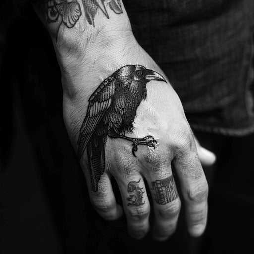 Small hand raven tattoos, in the style of Adrian Smith