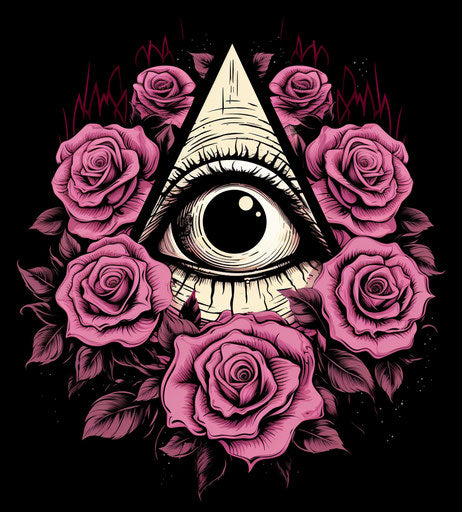 Black and white tattoo of all seeing eye with roses and a triangle