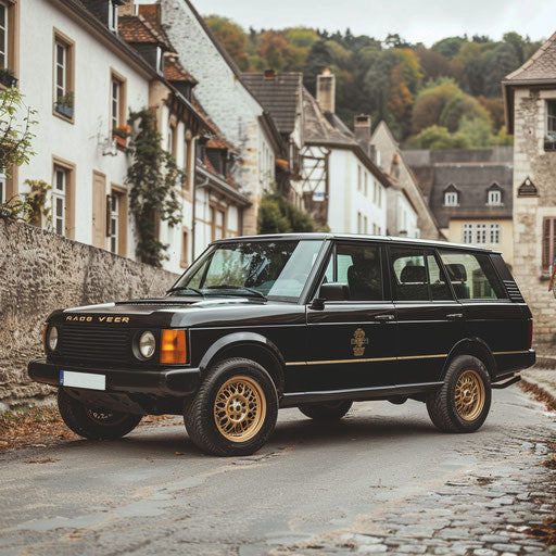 Vintage Range Rover with matte black finish and brass accents in old European village
