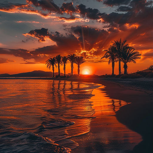 Golden Beach, Greece, palm trees against a fiery sunset