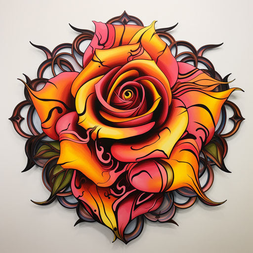 Rose tattoo in yellow and pink, black and white line work style, shaped canvas, light orange and red, magewave, airbrushing, symmetrical, lovely