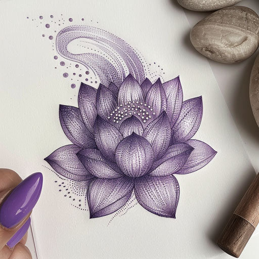 Illustration of a Crown Chakra tattoo in dotwork style, purple dots forming a lotus on a white background