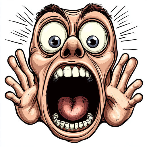 Humorous caricature of a scream caricature clipart with human characteristics, exaggerated thick eyelashes, with fingers hands, monochrome, vibrant colors, cartoon style, surprised, high-resolution, no background, isolated