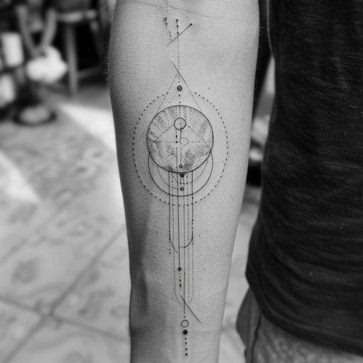 Minimalist flat tattoo sketch of a full moon with fine black and white line art, incorporating geometric shapes
