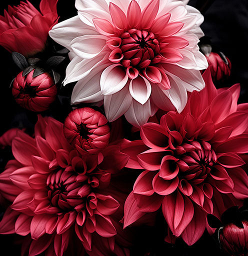 Black and white photo with red and white flowers, romantic colors