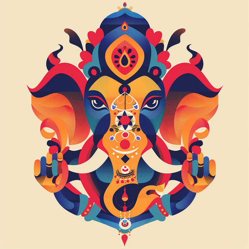 Bold and colorful tattoo sketch of Ganesha, flat clipart style with abstract patterns