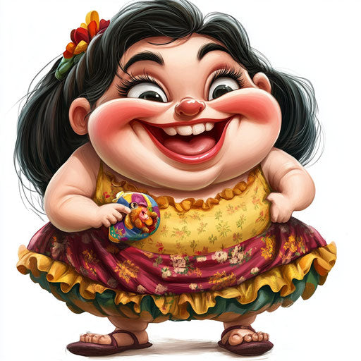 Humorous caricature of a beautiful caricature with human characteristics, playing with a toy