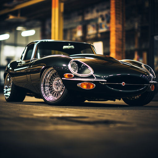 Jaguar E Type car with Dubs tires