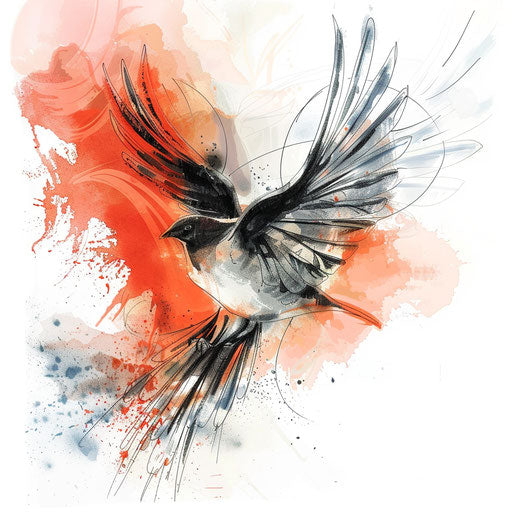 Watercolor tattoo sketch of a silver bird with blending colors and a translucent effect