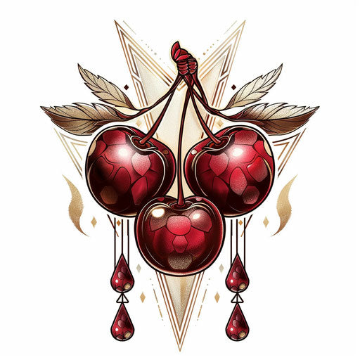 Art deco cherry tattoo with symmetrical golden designs on white background