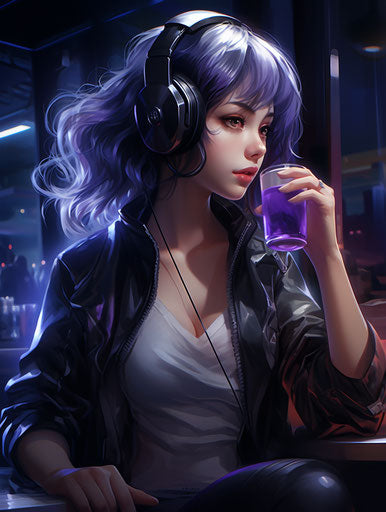 Anime girl with headphones, drinking, dark purple and gray style