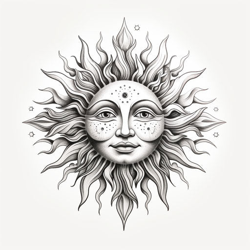 The sun drawing page, with a face in tattoo style