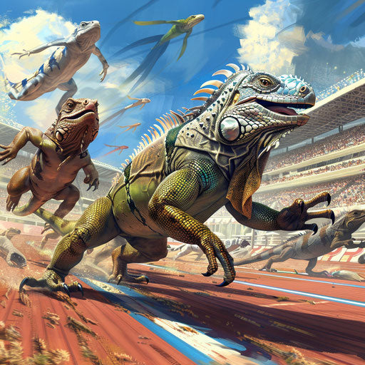 Olympic sprint race between animals on track with iguana