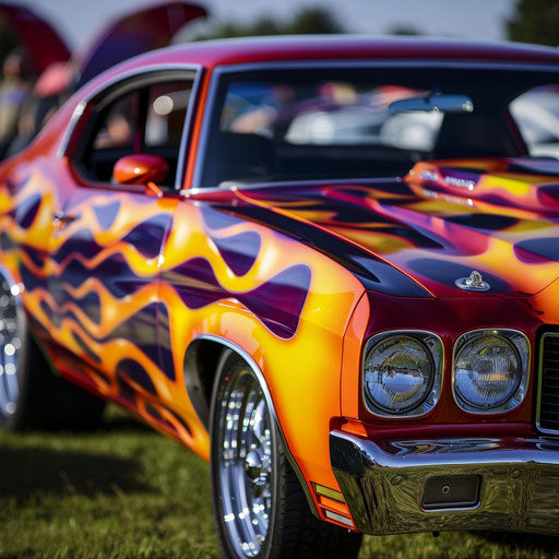 Vibrant hotrod of the 1976 Malibu Classic, flames painted on the sides, at a classic car show