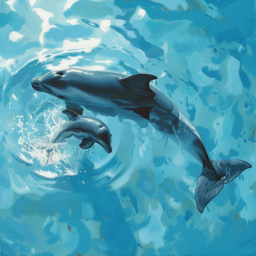 Mother vaquita porpoise guiding her newborn calf in clear blue waters