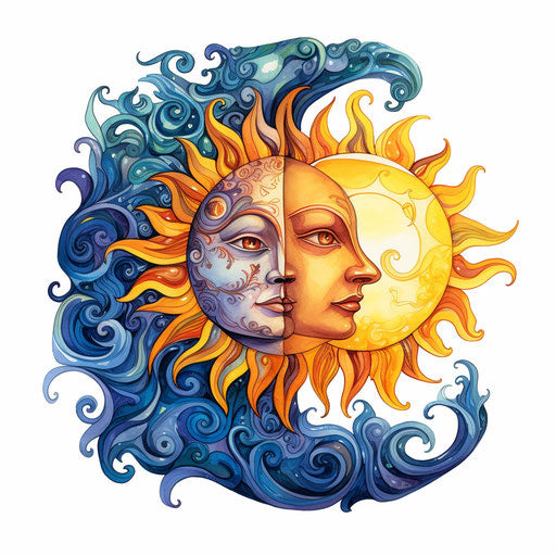 Sun and moon clipart in the style of Oil painting, on a white background