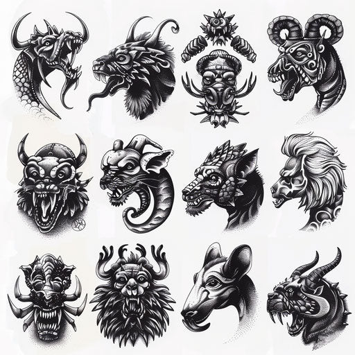 African mythological creatures as tattoo sketches