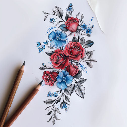 Floral tattoo of roses and forget-me-nots on white