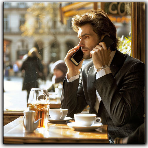 Busy businessman on phone in bustling cafe