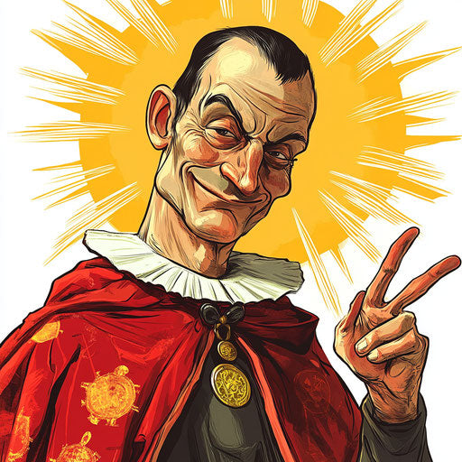 Humorous caricature of a Niccolò Machiavelli clipart with human characteristics, exaggerated button nose, fingers hands, smiling sun, vibrant colors, cartoon style, winking, high resolution, isolated