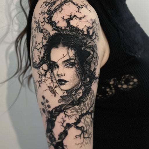 Arm tattoos for women in the style of Gerald Brom with dark fairies and twisted trees