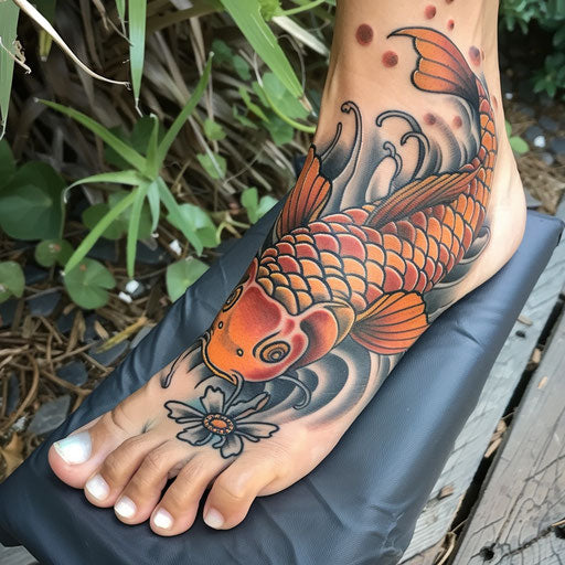 Foot tattoo in the style of Ami James featuring a traditional koi fish