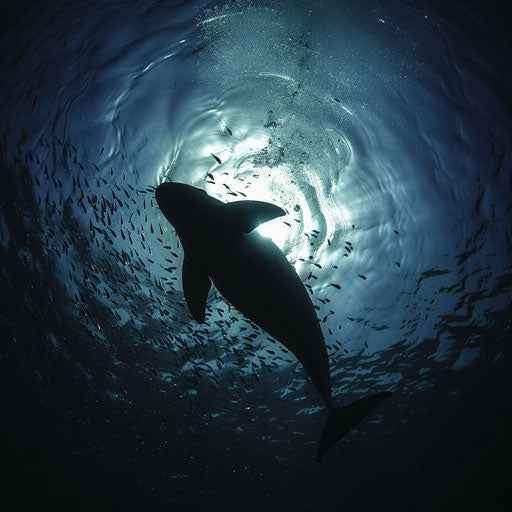 California porpoise seen from below, silhouetted against sun
