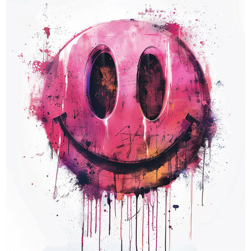 Graffiti-style smiley face tattoo artwork with spray paint effect, on white