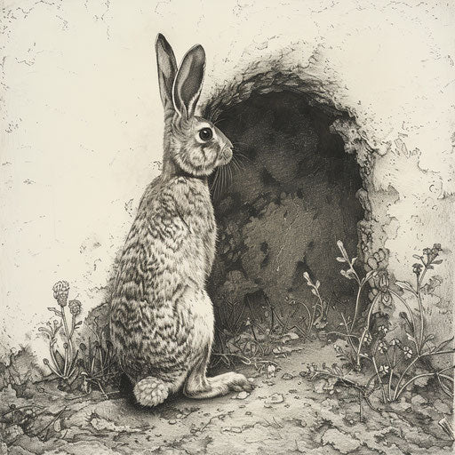Rabbit on guard at the entrance of its burrow