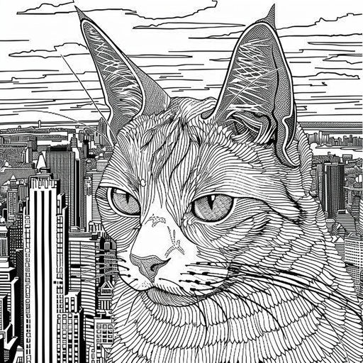 Kitty with detailed city background in the style of Stephen Wiltshire Coloring book page