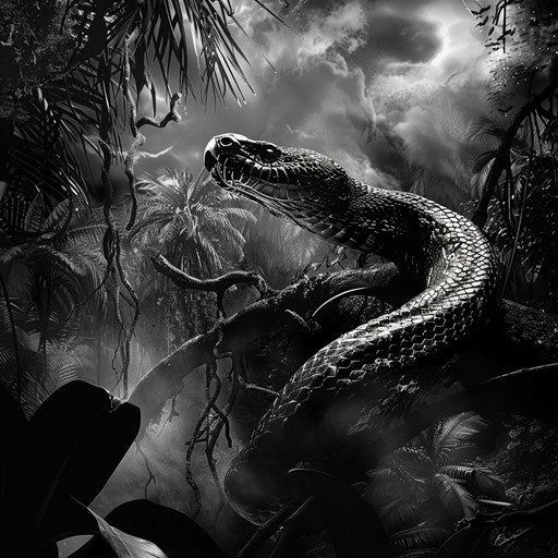 Titanoboa in a dramatic monochrome jungle