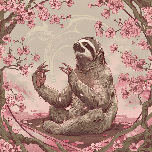 A sloth practicing yoga in a serene zen garden