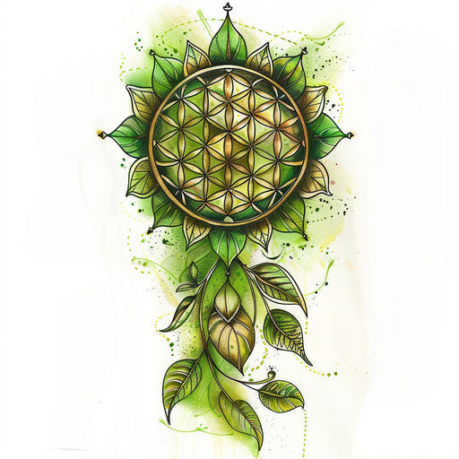 Organic tattoo sketch of the Flower of Life, green and earth tones, leaf motifs