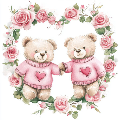 Adorable pair of teddy bears in pink sweaters among the roses