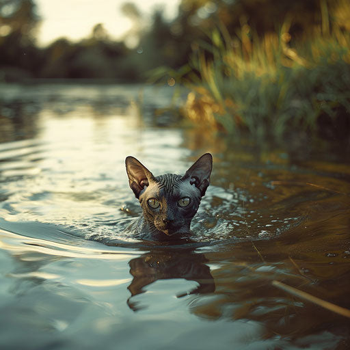 Cornish rex cat swimming in a lake by the shore