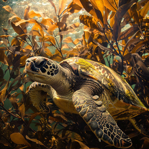 Olive ridley sea turtle in a kelp forest