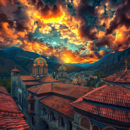 Rila Monastery at dramatic sunset, vibrant colors