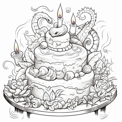 A happy birthday coloring page with a cake
