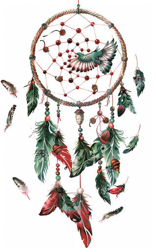 Dreamcatcher feathers wings acorns green red soft watercolor