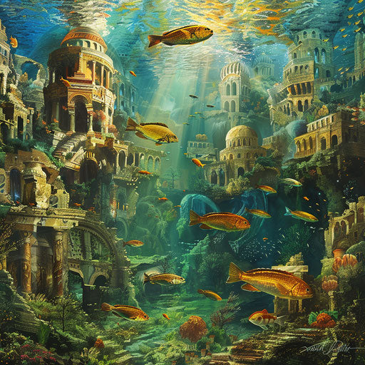 The ethereal vision of fish swimming in the lost city of Atlantis