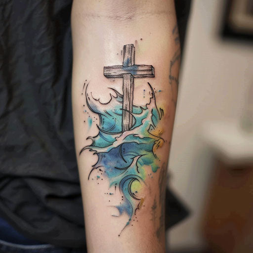 Elegant flat tattoo sketch with watercolor effects of the Cruz amidst ocean waves