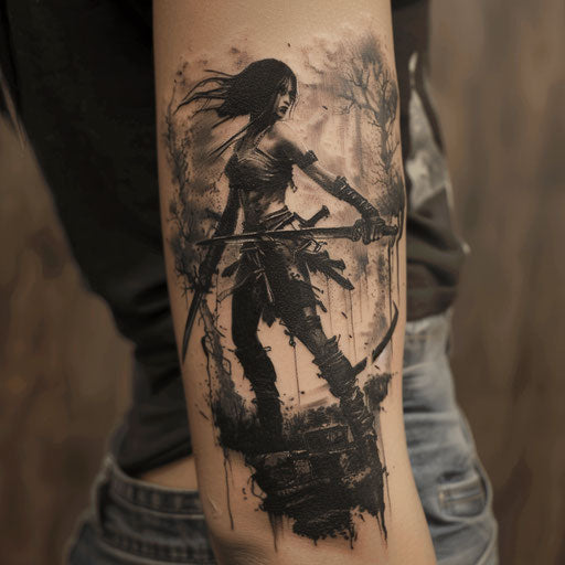 Epic fantasy scene arm tattoo, Gerald Brom style