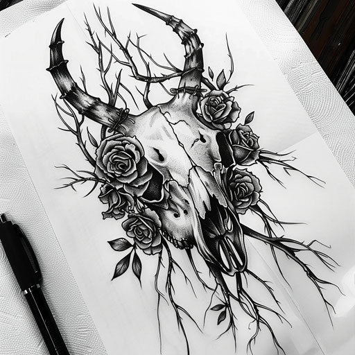 Gothic cow skull with dark roses and thorny vines